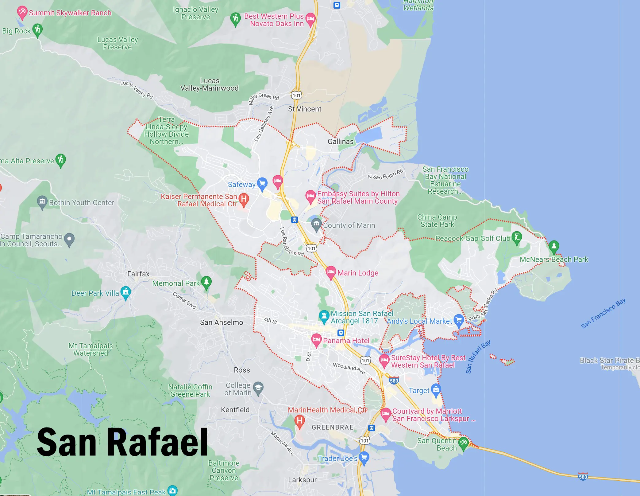 Map showing Able Roofing's service area in San Rafael, CA